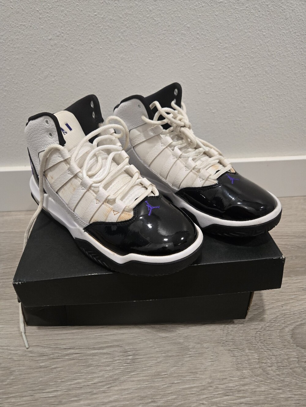 Air Jordan 11 Retro Style White Black Shoes with Purple Jumpman
